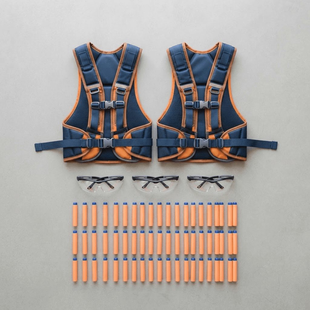 Protective vests, safety glasses and darts laid out