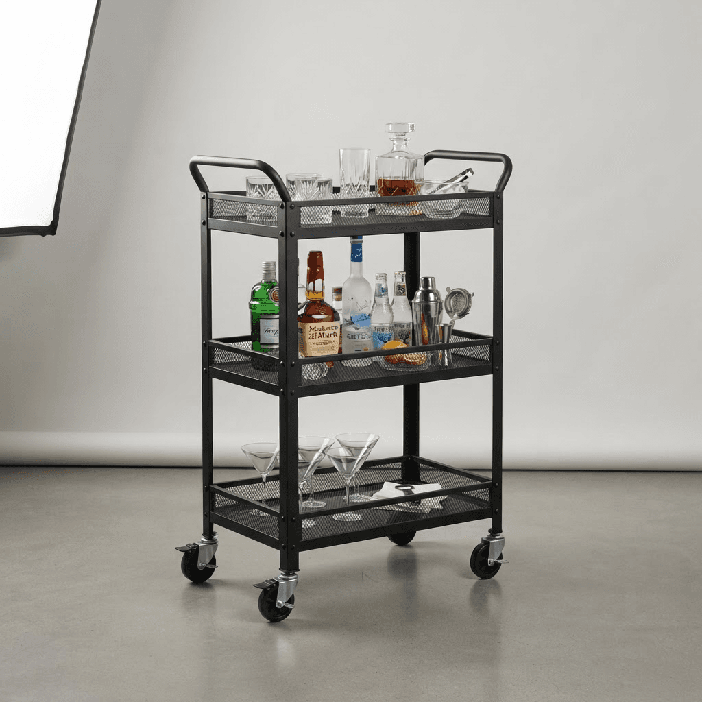 A black three-tier rolling beverage cart