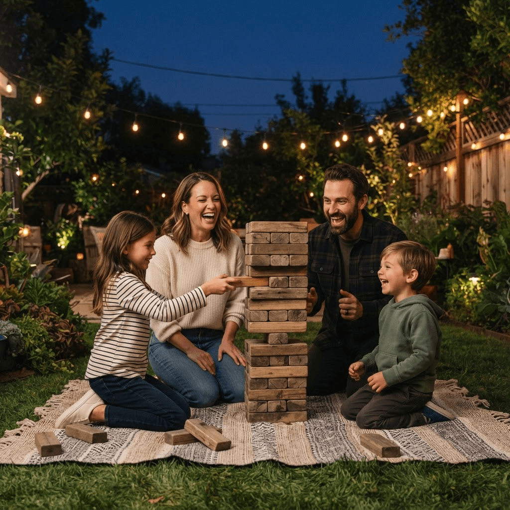 A family playing an oversized wooden stacking game on a blanket in a backyard with string lights at dusk
