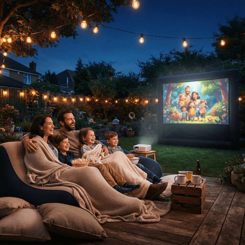 A family relaxing on inflatable lounge seating watching a glowing backyard projection screen at dusk