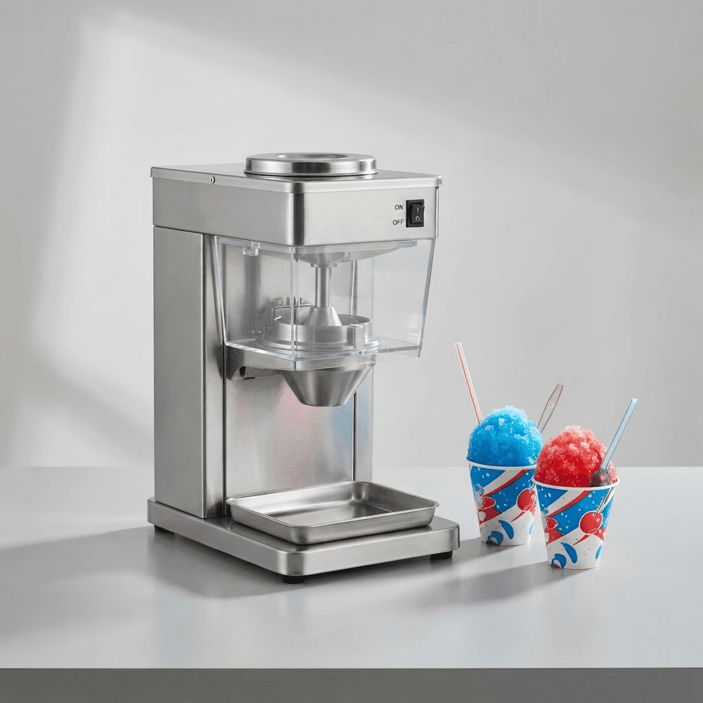 A stainless-steel snow-cone machine with two finished snow cones