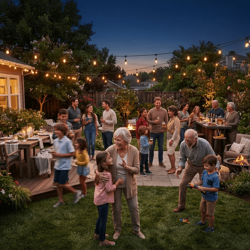 Friends and family gathering in a warmly lit backyard at dusk, getting ready for an outdoor evening