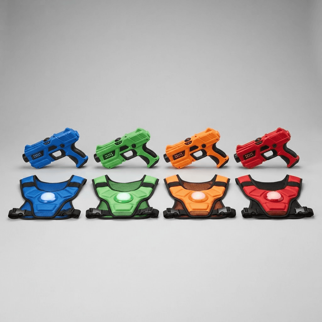 Four colored laser-tag blasters with matching vests arranged neatly