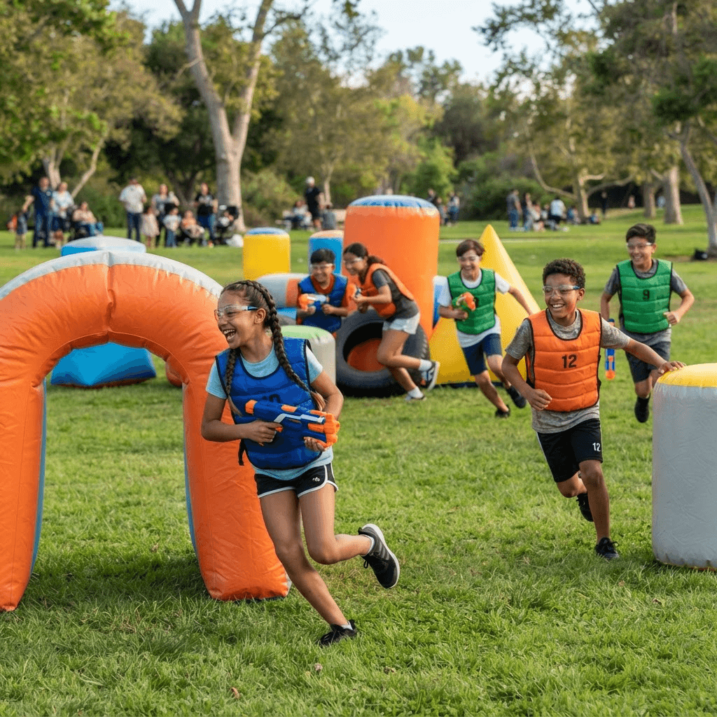 Children and teens in protective eye gear and vests playing an outdoor battle game around colorful inflatable barriers