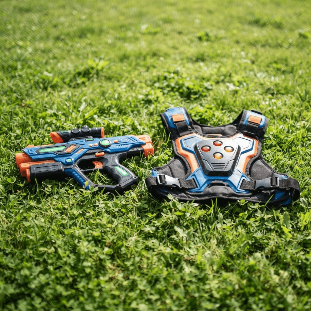 A colorful toy laser-tag blaster and matching protective vest laid on green grass