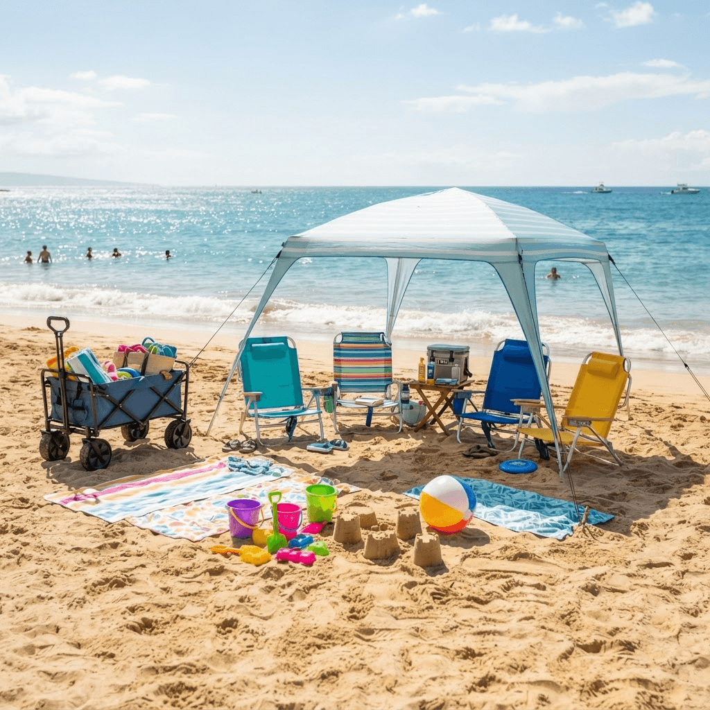 A beach day setup on the sand with folding chairs, a shade tent, a cooler, a buggy and sand toys