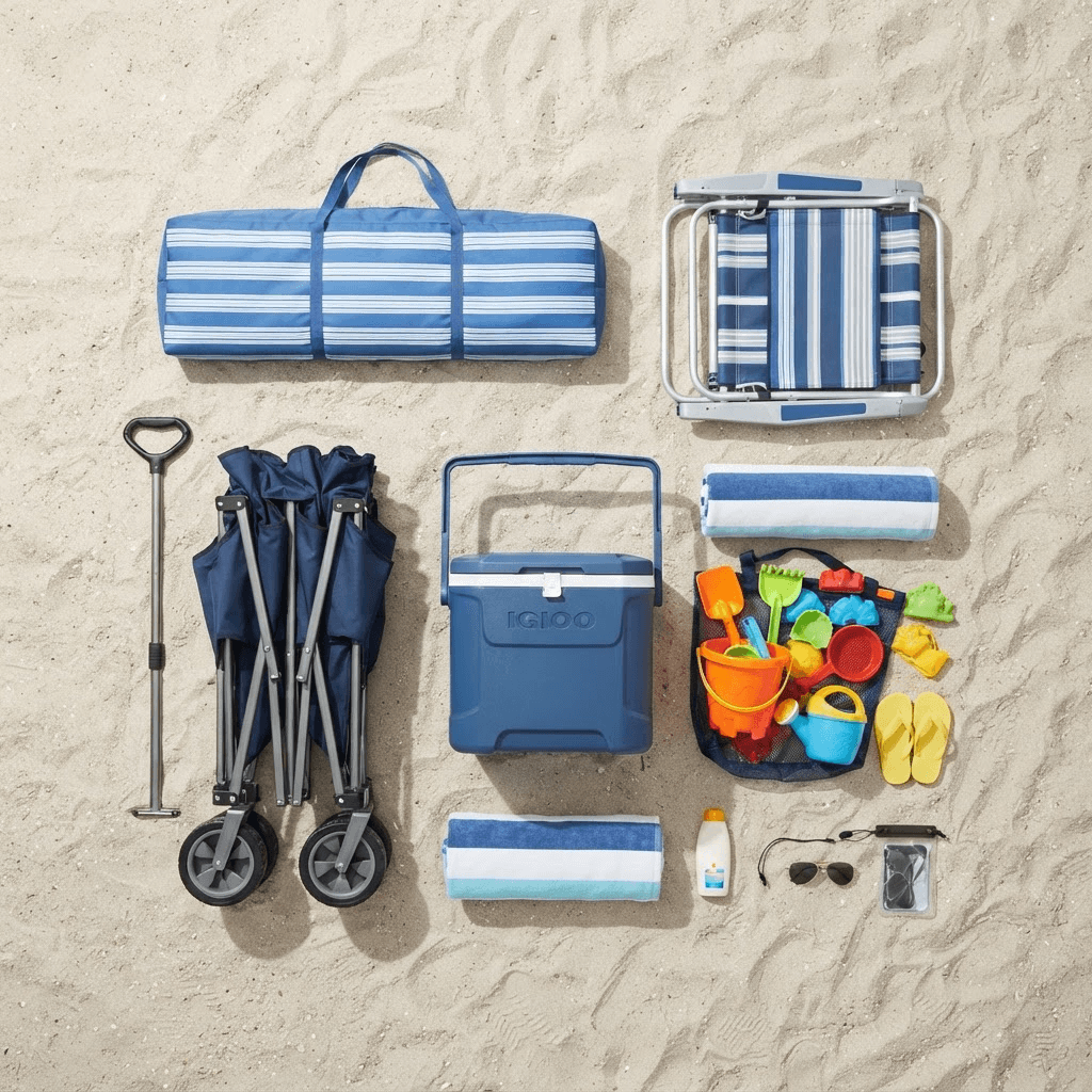 An overhead view of the packed beach kit: chairs, folded shade tent, wagon, cooler and sand toys