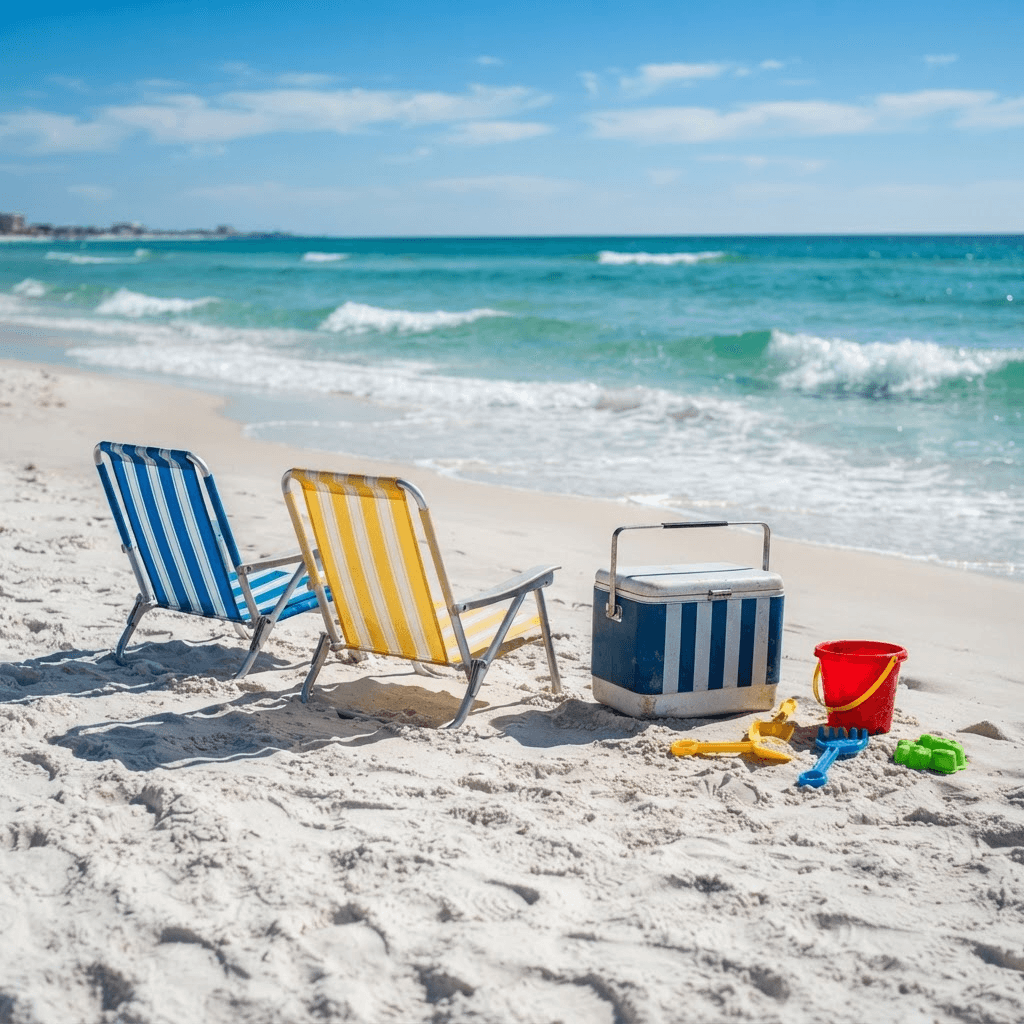 Folding beach chairs, a striped cooler and colorful sand toys arranged on white sand