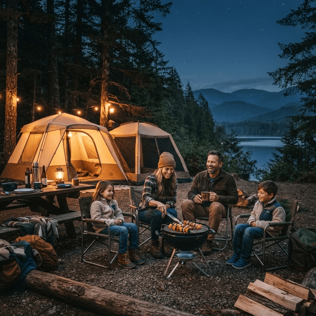 A complete campsite at dusk with a family tent, screen tent, lanterns, camp chairs and a portable grill