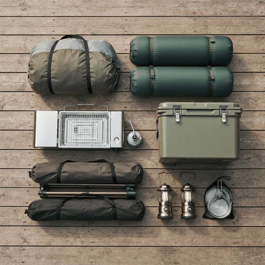 An organized view of the packed camping kit: folded tent, mattresses, grill, lanterns, cooler and chairs