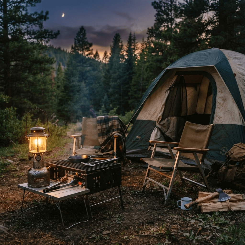 Camping lanterns, a portable grill and folding camp chairs arranged near a tent at dusk