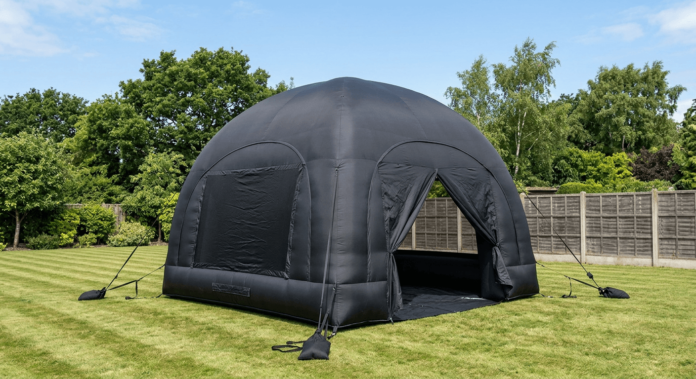 A black inflatable dome-shaped party tent structure standing alone on a lawn