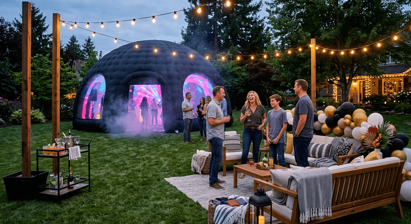 A fully styled Deluxe celebration with the glowing party dome, string lights, lounge seating, balloons and a beverage cart at dusk