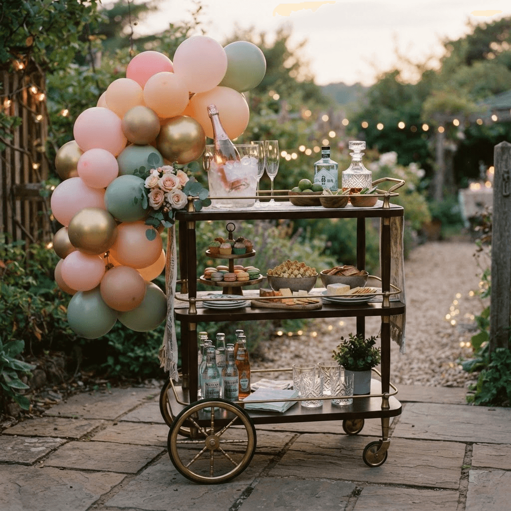 A styled rolling drink and snack cart decorated with balloons for a birthday party