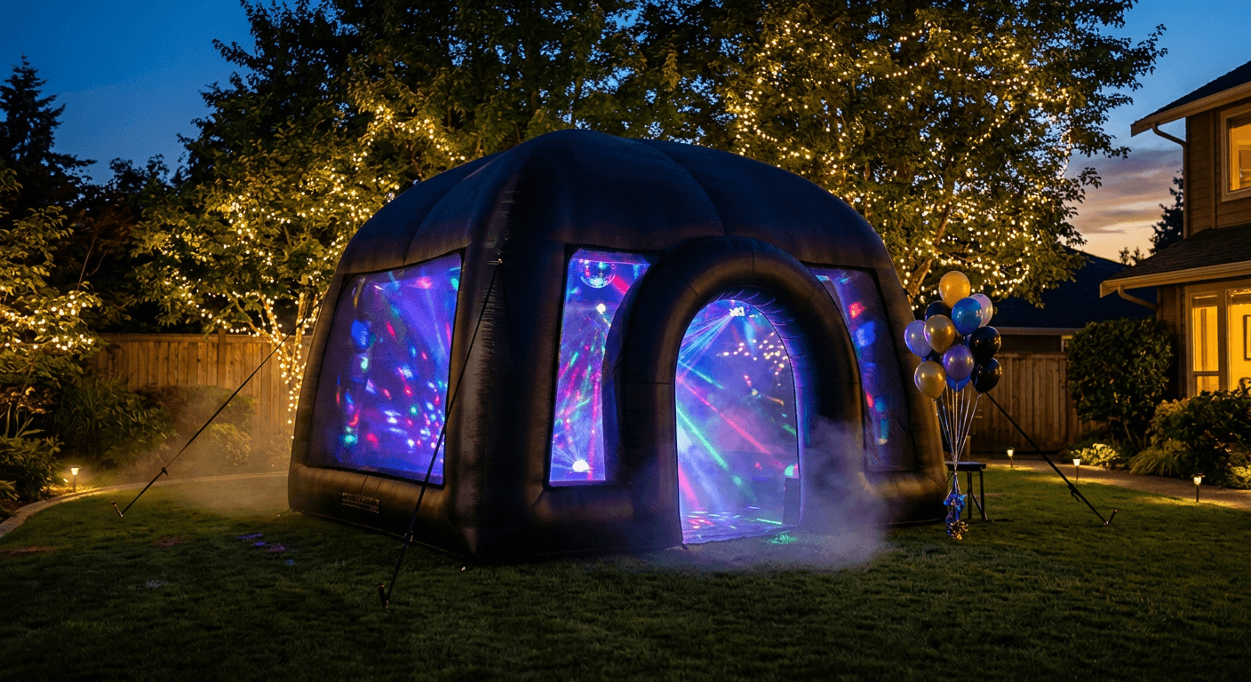 A black inflatable dome-shaped party tent glowing with colored disco light and light fog on a backyard lawn at dusk