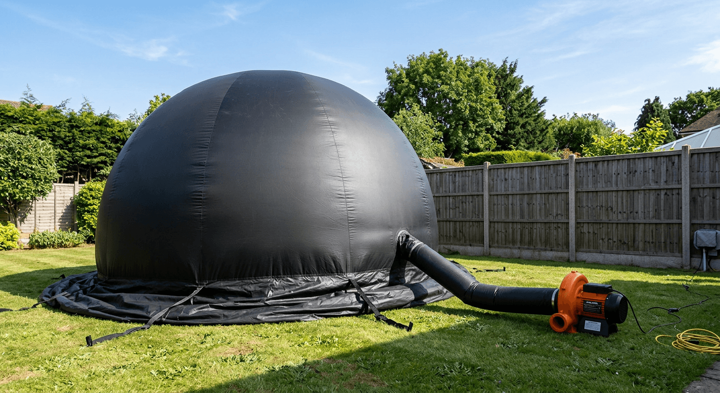A black inflatable dome-shaped party tent being set up and inflated in a backyard with an air blower attached