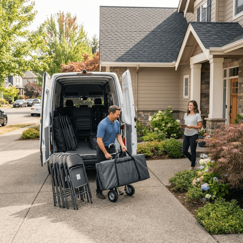 A delivery worker unloading packed rental chairs and equipment from a van in a driveway while a homeowner greets them