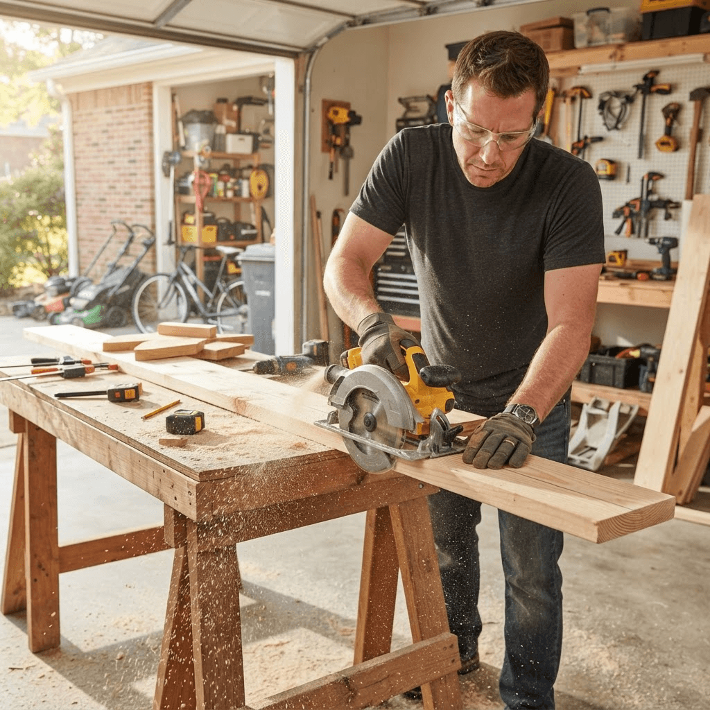 A person wearing safety glasses using a cordless circular saw to cut a wooden board on a sawhorse workbench