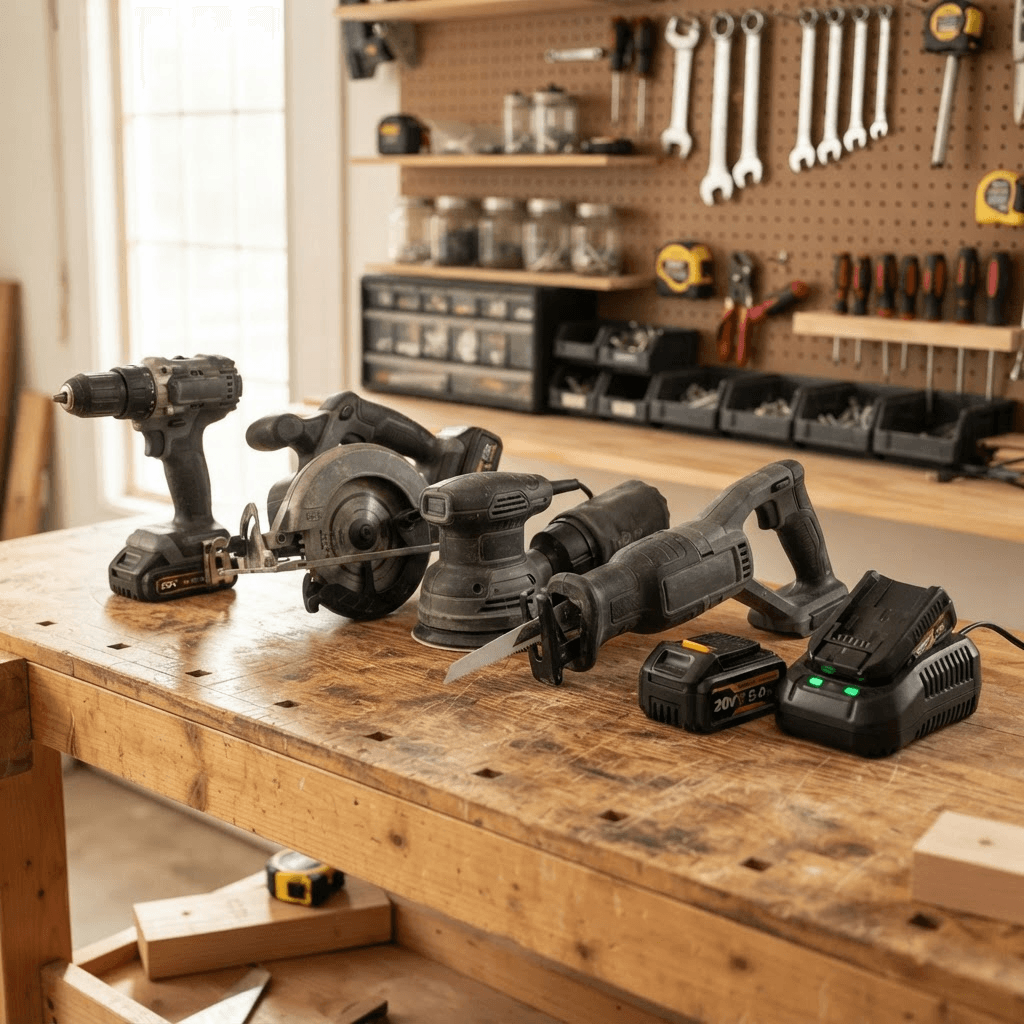 An assortment of cordless power tools arranged on a wooden workbench with a battery and charger