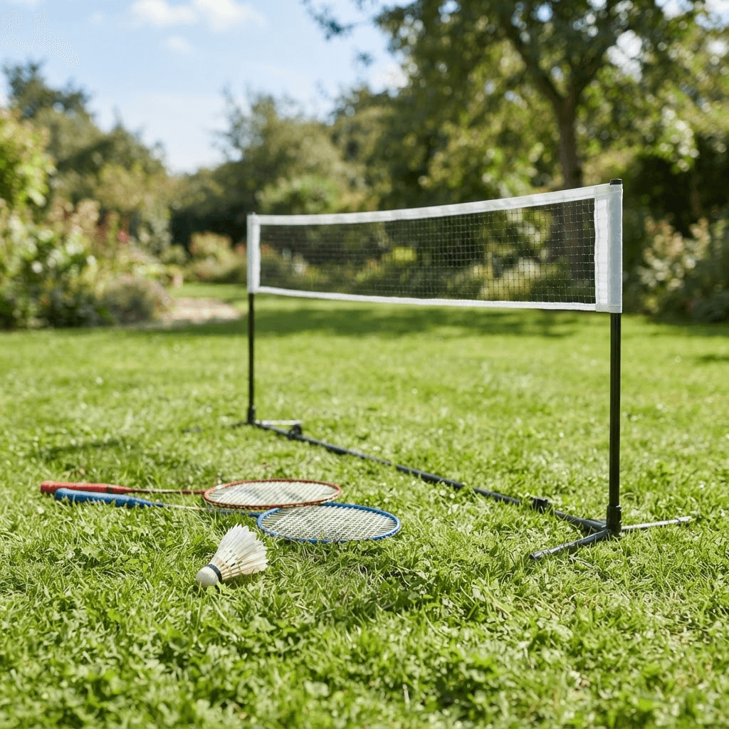 A badminton-style lawn game set with a net frame, two paddles and a birdie on the grass