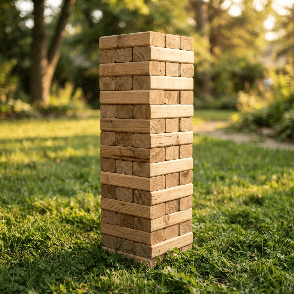 A giant oversized wooden stacking block tower game standing on a green lawn