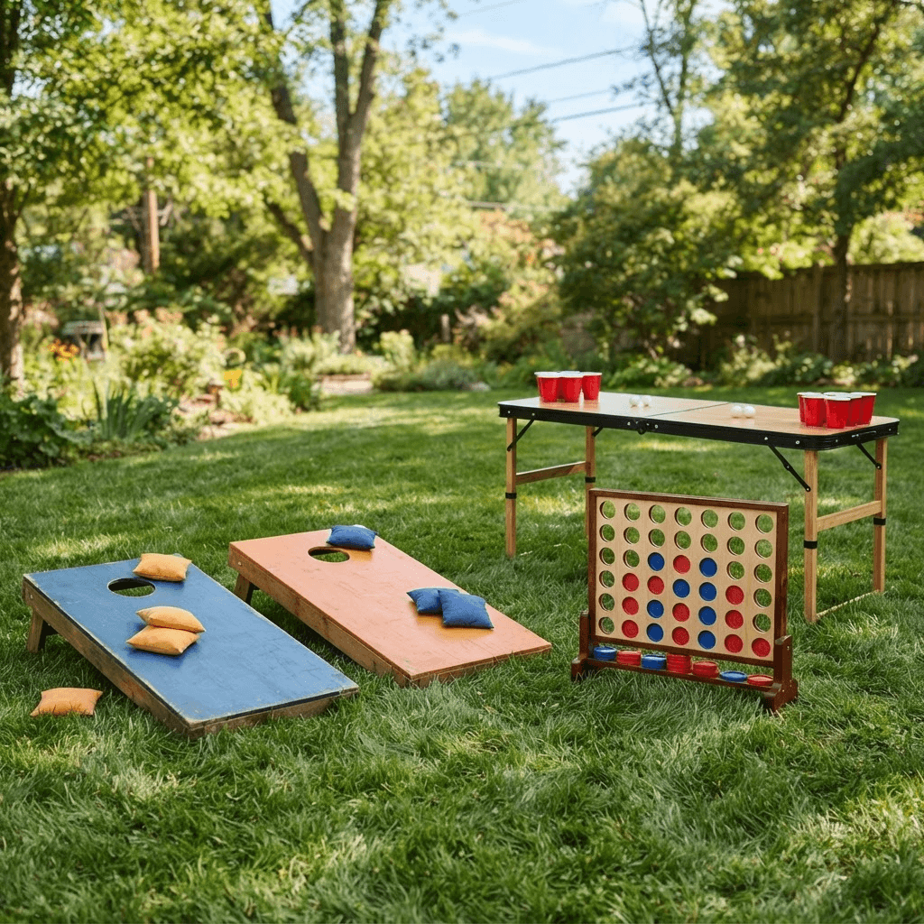 A selection of oversized lawn games including cornhole, a four-in-a-row game and yard pong on a lawn