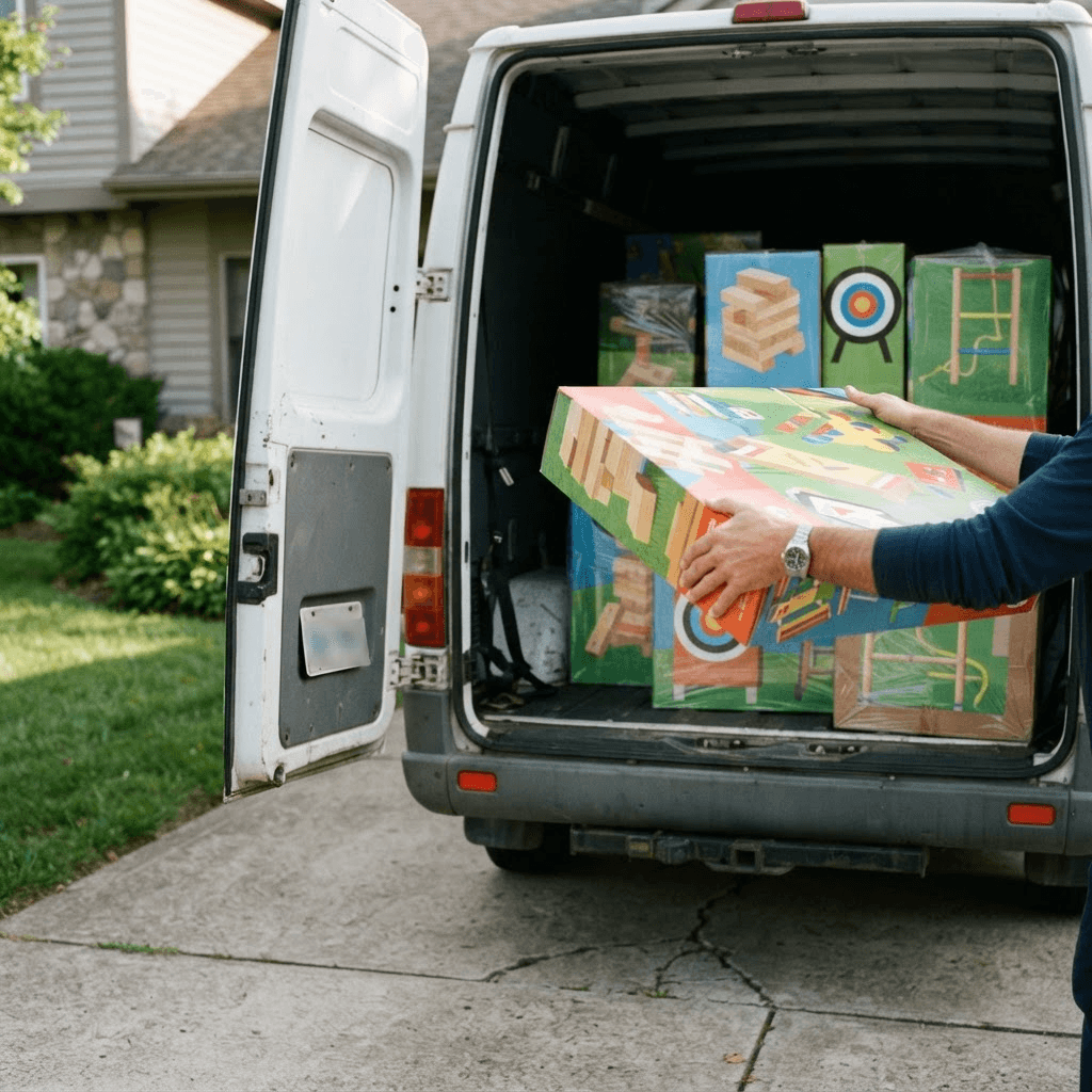 Hands loading colorful oversized lawn game boxes into the back of a van in a driveway