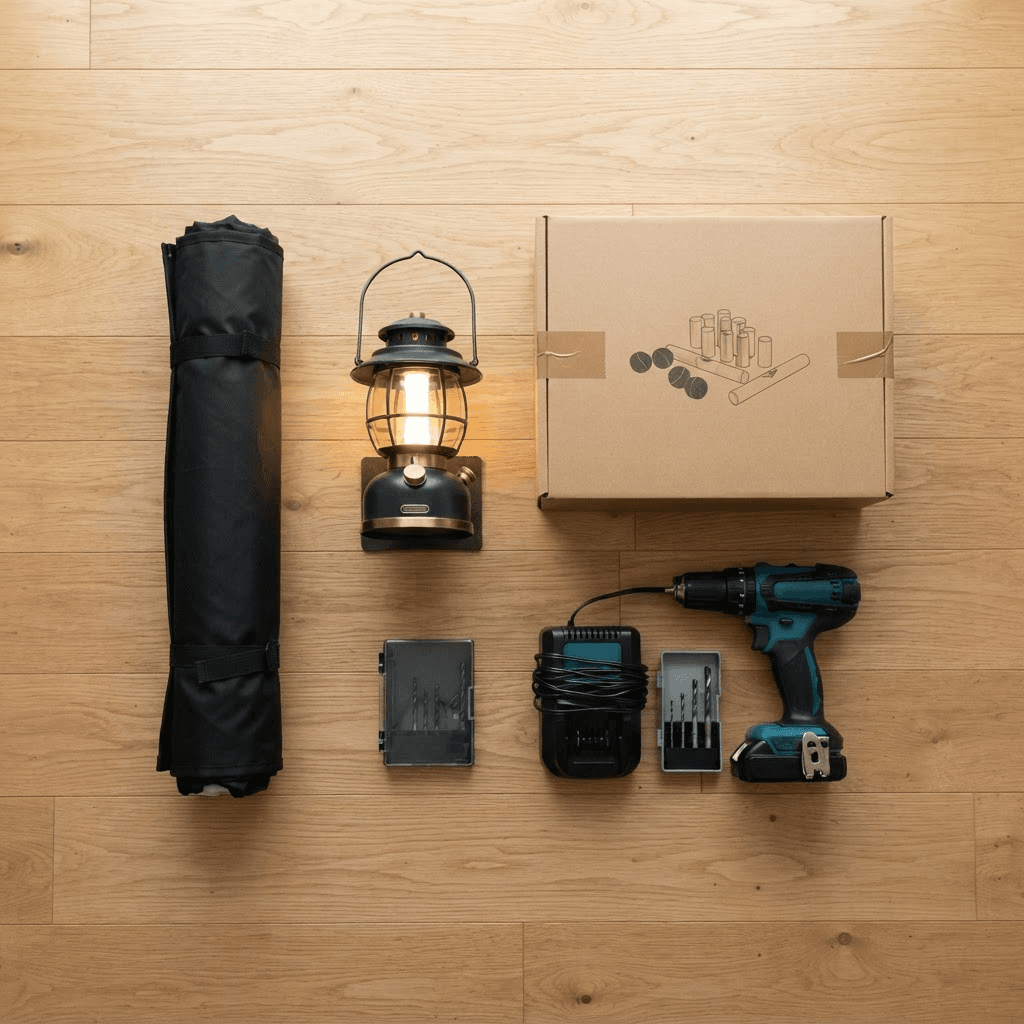 An overhead flat-lay of a rolled projector screen, a camping lantern, a boxed lawn game and a cordless drill