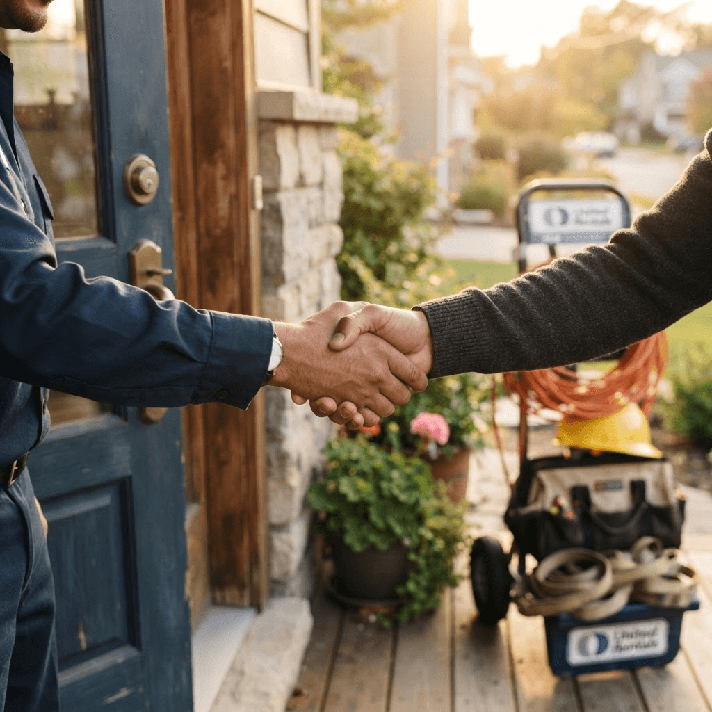 A friendly handshake at a front doorway with packed rental equipment visible nearby