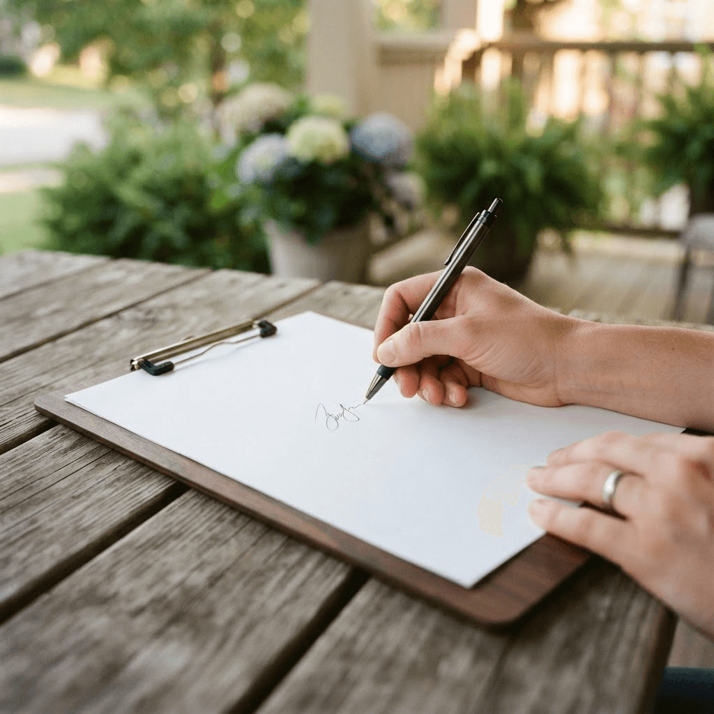 A hand signing a blank paper document on a clipboard outdoors on a porch table