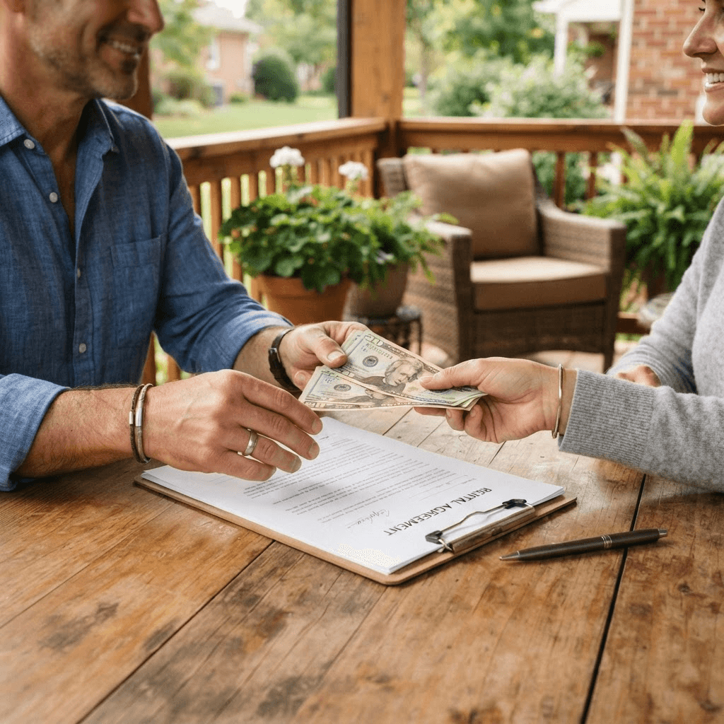 A close-up of a signed rental agreement and a small cash deposit being handed over on a sunlit porch table