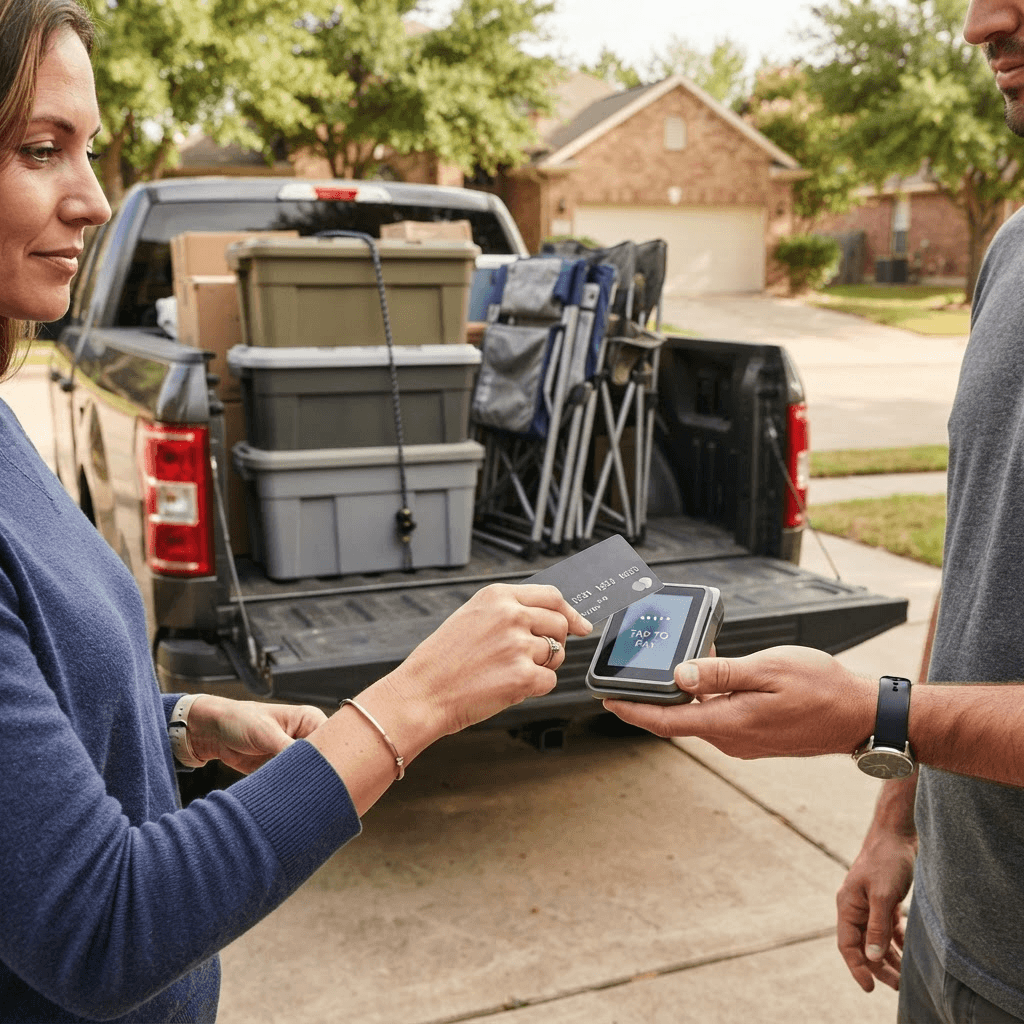 A close-up of a card being tapped on a wireless payment terminal beside a loaded pickup truck with packed rental bins