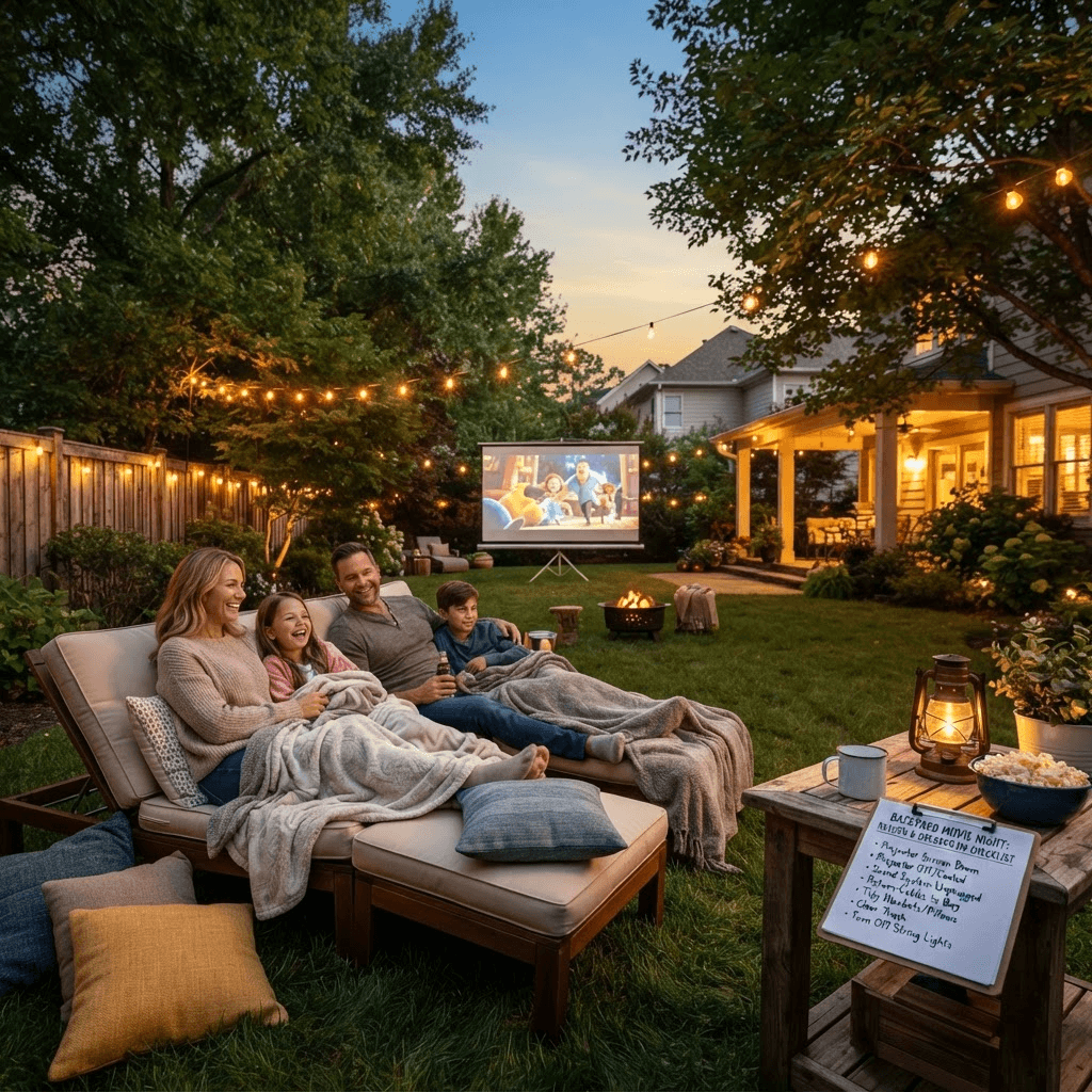 A family enjoying a backyard movie night at dusk on lounge chairs in front of a glowing projector screen, with a printed return checklist nearby