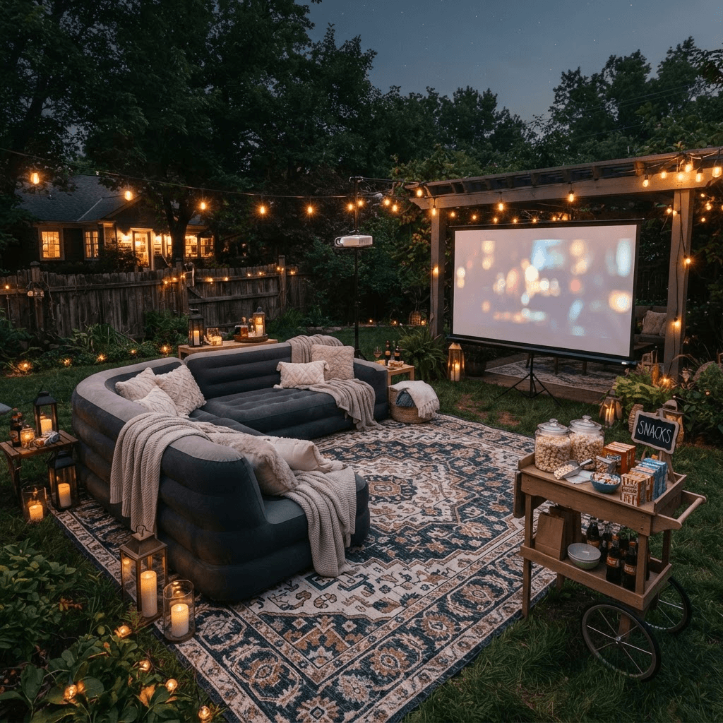 A fully staged Deluxe backyard movie lounge with an inflatable couch, rug and warm lighting