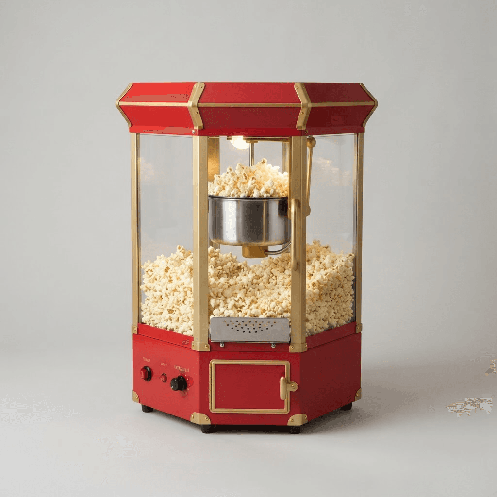 A countertop popcorn machine with a glass cabinet