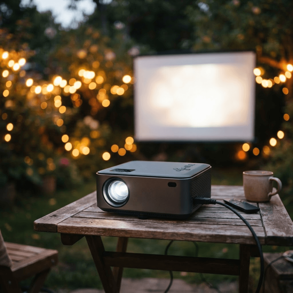 A portable outdoor projector on a table with a glowing screen softly blurred in the background at dusk