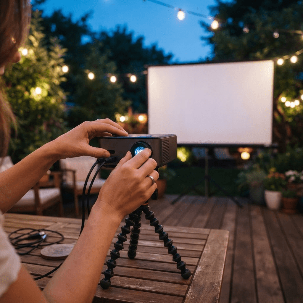 Hands adjusting a portable projector on a tripod in a backyard at dusk