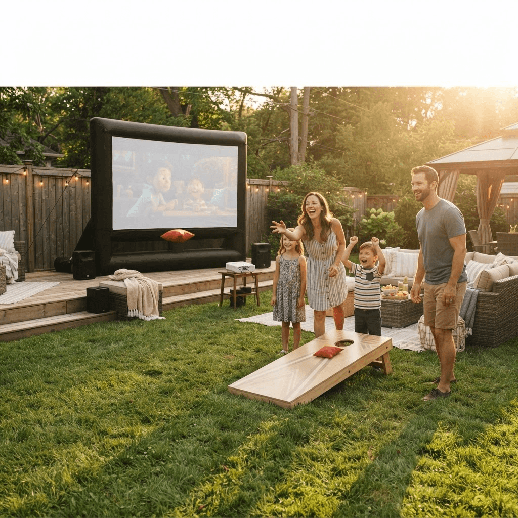 A family playing cornhole in a backyard set up with an outdoor movie screen and lounge seating at golden hour