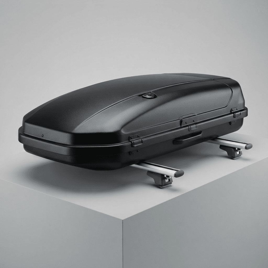 A black universal rooftop cargo carrier box shown on a neutral background