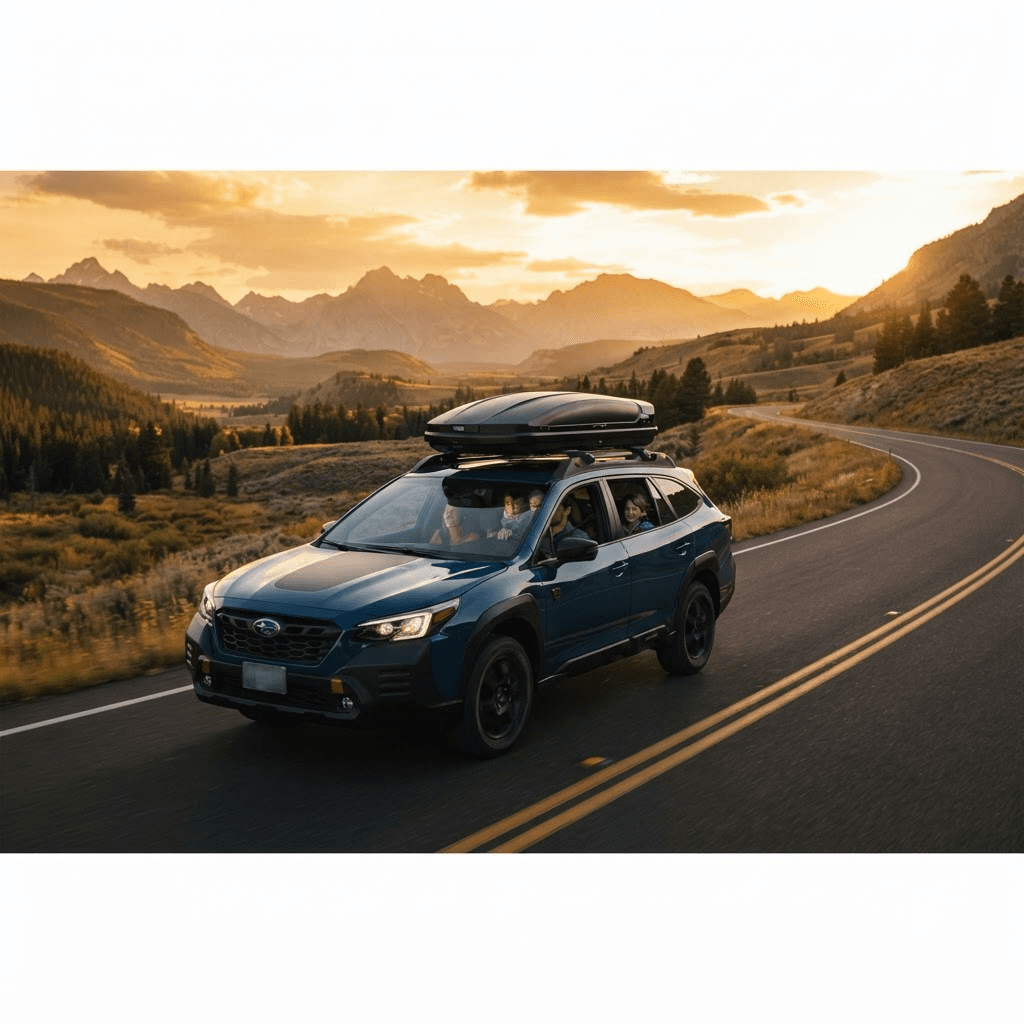 A family SUV on a scenic road at golden hour with a rooftop cargo carrier mounted on the roof rack