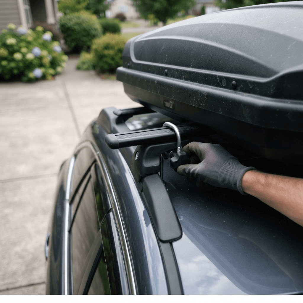 A black rooftop cargo carrier being secured onto a car roof rack in a driveway